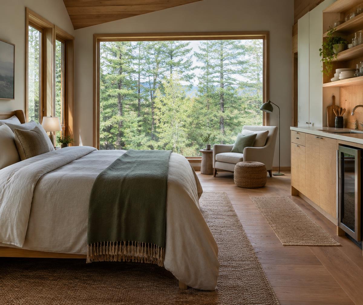 Sample photograph of a forest cabin bedroom and kitchenette