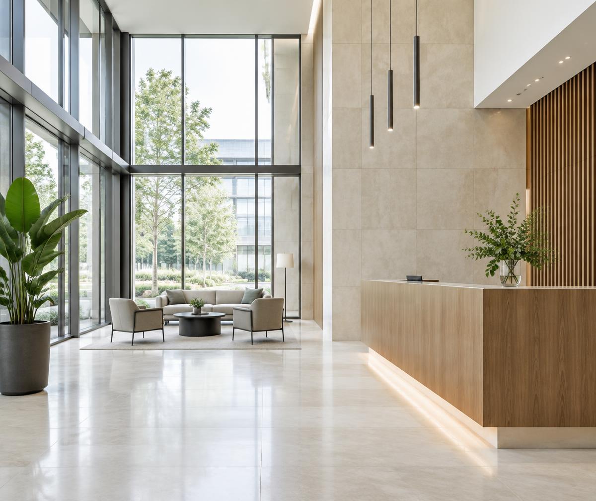 Sample photograph of a light-filled commercial office reception