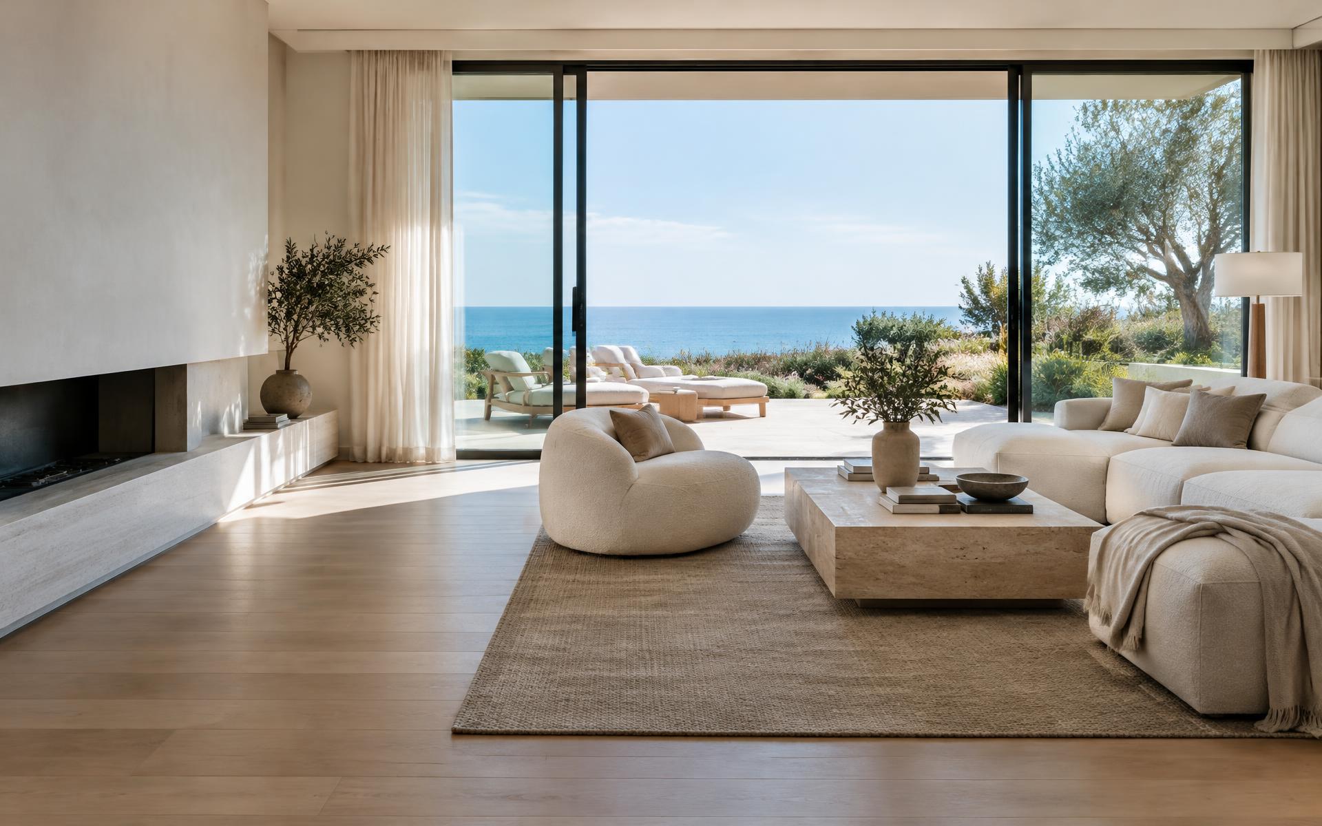 Sunlit coastal living room opening onto an ocean-view terrace