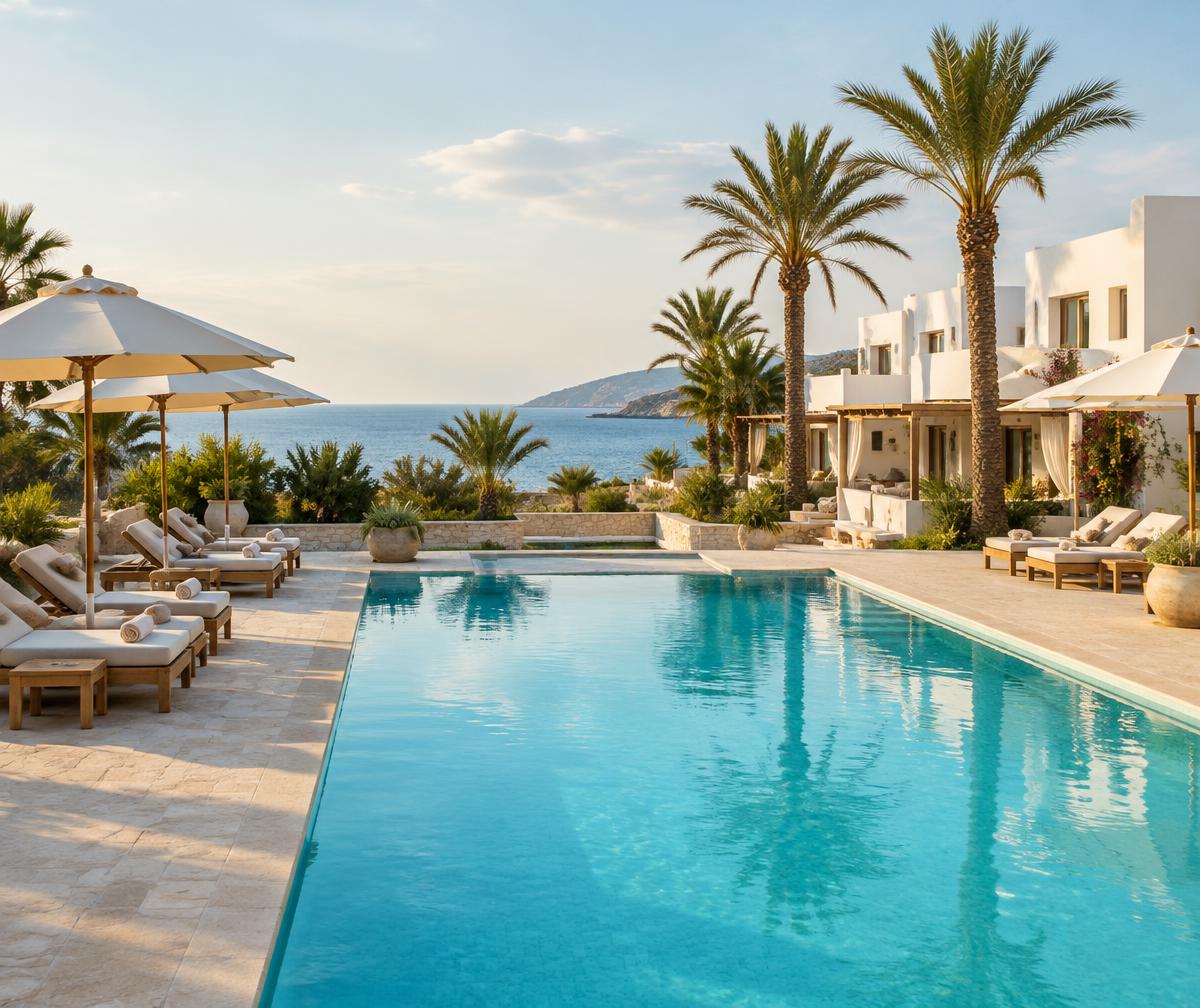 Sample photograph of a seaside resort pool and guest suites