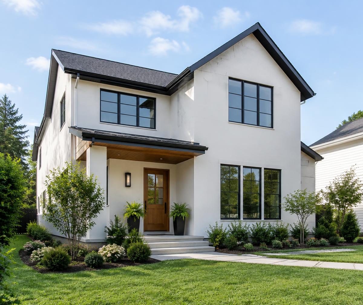 Sample photograph of a contemporary white home with landscaped grounds